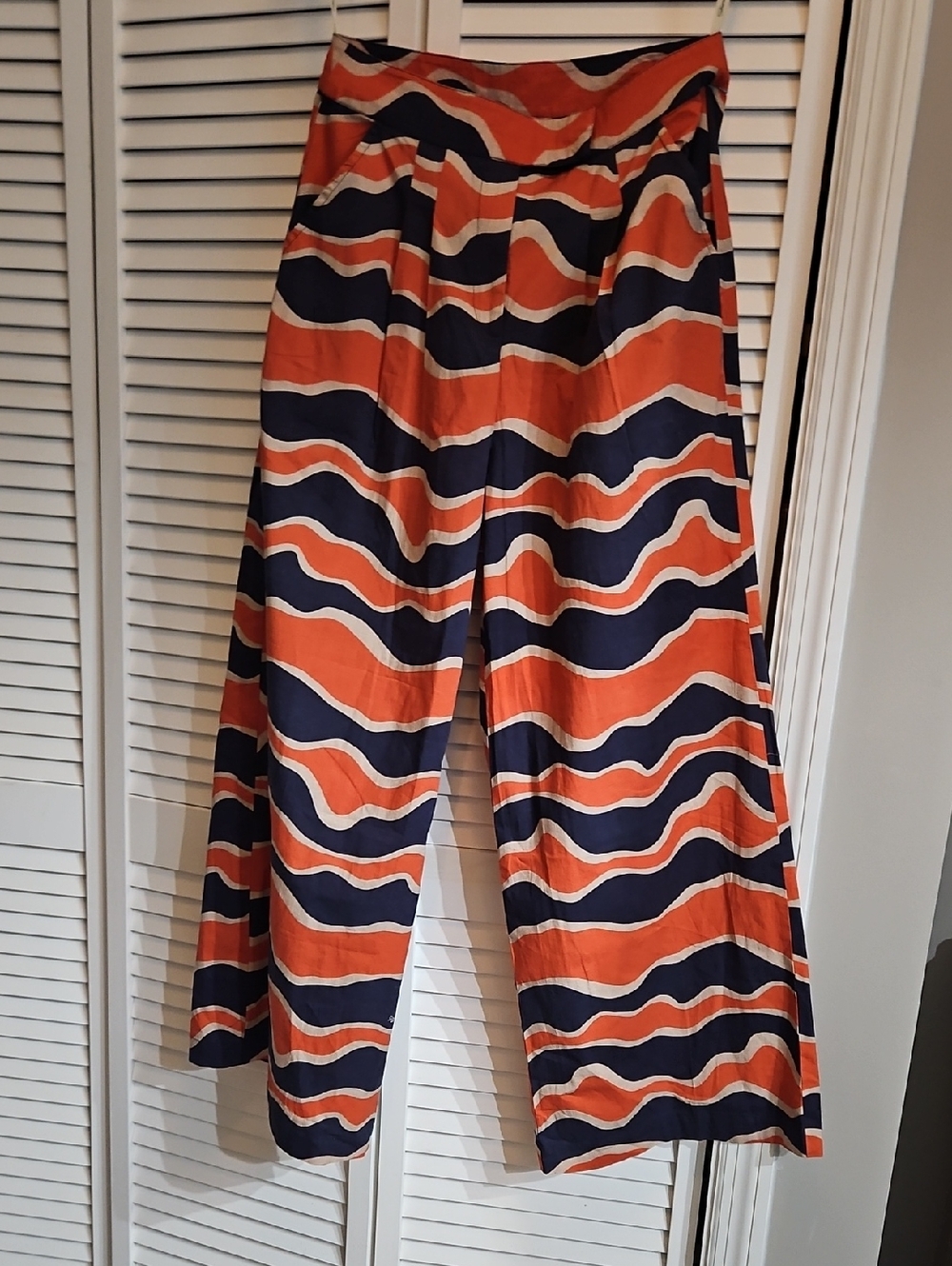 Shore Brand Bold Wave-Stripe Wide Leg Pants in Orange & Navy
